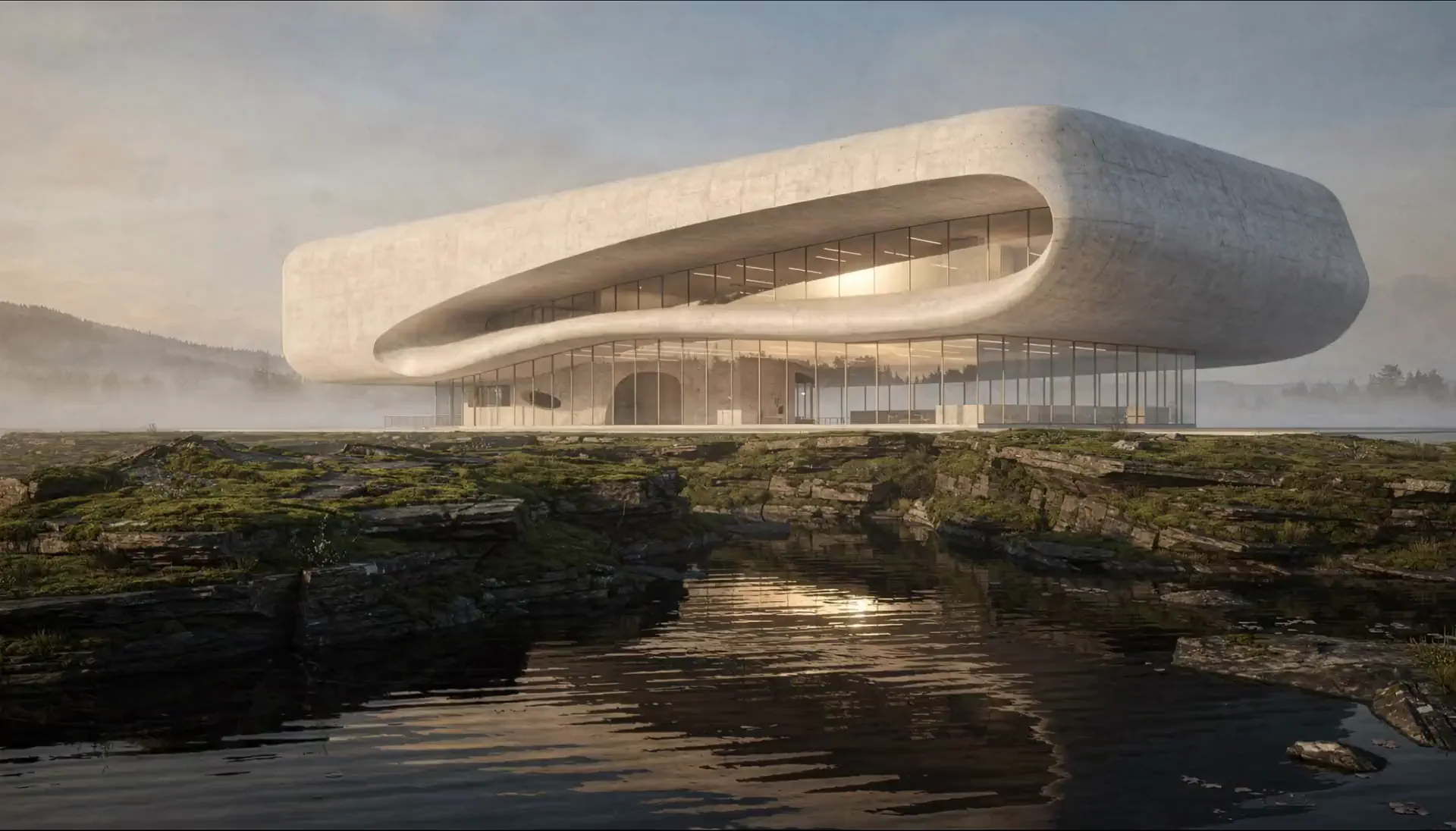 Original Shining Cloud museum architectural concept beside water