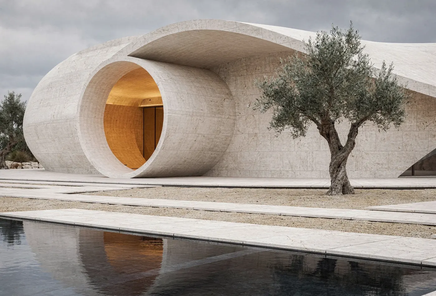Sculptural limestone pavilion with a circular entrance, warm interior and reflecting water — an original Shining Cloud concept